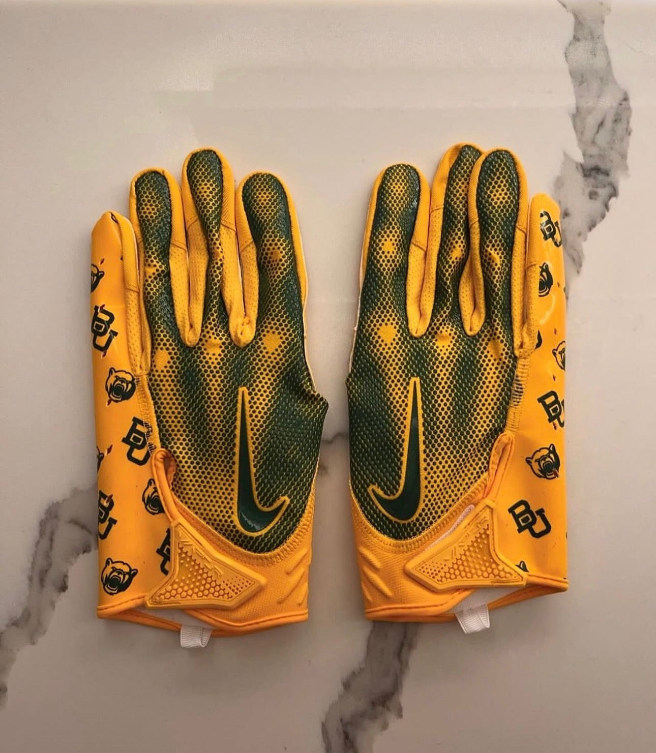 Football gloves for the Baylor university bears
